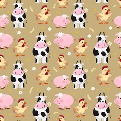 Cute seamless pattern with farm animals on yellow  background