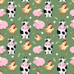 Fototapeta premium Cute farm animals seamless pattern on green background
