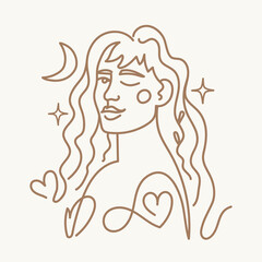 Vector illustration with one line hand drawn woman portrait with flowers, stars, moon and hearts. Beauty fashion female print design, girl linear logo or icon boho concept art