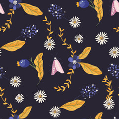 Moth butterfly flower berry forest seamless vector pattern. Floral vintage wild nature background.