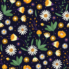 Naklejka na ściany i meble Daisy flower wildflower ornate night forest seamless pattern, Garden vector