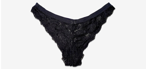 Black female sexy lace panties isolated on white. Elegant chic luxury thong close-up. Fashion underwear - obrazy, fototapety, plakaty