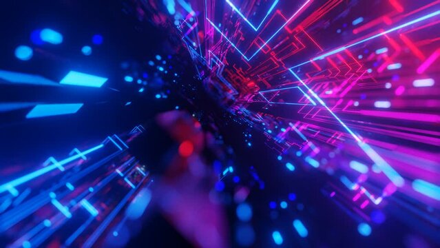 pattern like sci-fi hologram. Fly through technology cyberspace with neon glow. Sci-fi flight through hi-tech technology tunnel. Glow line. 3d looped seamless 4k bright bg. Data flow. Blocks