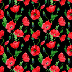 Watercolor hand drawn poppies seamless pattern. Botany illustration of red poppy. Field of red flowers. Design for background, packaging, cover, decor, textile elements.