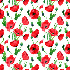 Obraz premium Watercolor hand drawn poppies seamless pattern. Botany illustration of red poppy. Field of red flowers. Design for background, packaging, cover, decor, textile elements.