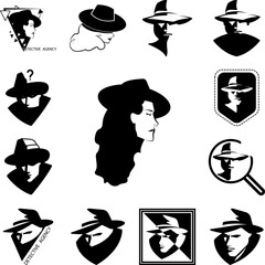 detective woman black and white icon in a collection with other items