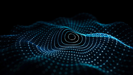 Futuristic dark background. The wave effect of a web of blue lines. Big data. Illustration of technologies and artificial intelligence. The effect of particle oscillation. 3D rendering.