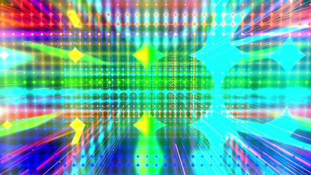 Motion graphic, camera fly throungh abstract art space, multilayer structure with pattern and particles. Glow rectangles, streaks and lines. Rainbow gradient color. Motion design vj loop. 3d structure