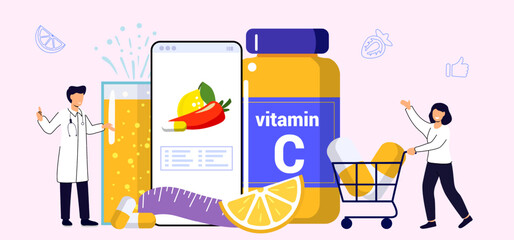 Online pharmacy flat vector illustration Drugstore vitamins and supplements online Home delivery pharmacy service Medical supplies and pills Vitamin C Natural organic nourishment Food supplement