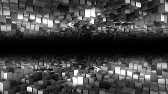 Animated halftone logo frame with shifting puzzle mosaic. 3D monochrome rectangle wave surface. Perfect for 4K game screensavers, business presentations, music visuals, and intros.