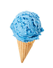 Blueberry ice cream with cone isolated on white background