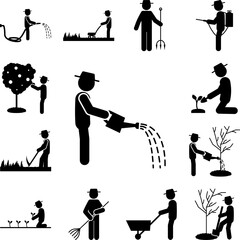 man watering can icon in a collection with other items
