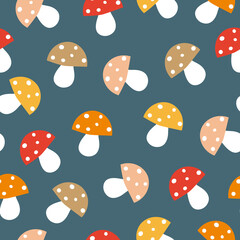 Cute seamless pattern with colorful mushrooms. Autumn texture. Vector illustration.