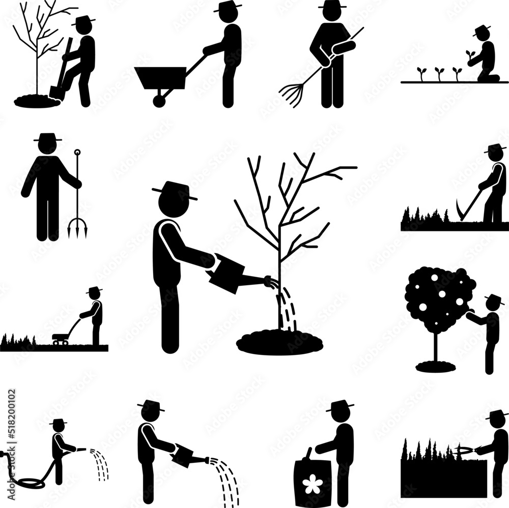 Poster man watering of tree icon in a collection with other items