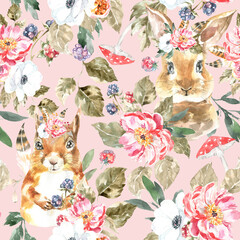 Watercolor Vintage Bunny, squirrel pink seamless pattern illustration. Woodland animals nursery cute forest animals and plants. Retro botanical pattern for kids wallpaper,fashion print,digital paper