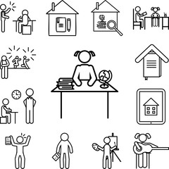 Home schooling, schoolgirl icon in a collection with other items