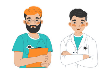 Doctors set, Doctor and intern, doctor and nurse, doctor and nurse working together, vector illustration with doctors