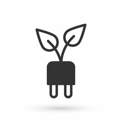Grey Electric saving plug in leaf icon isolated on white background. Save energy electricity. Environmental protection. Bio energy. Vector