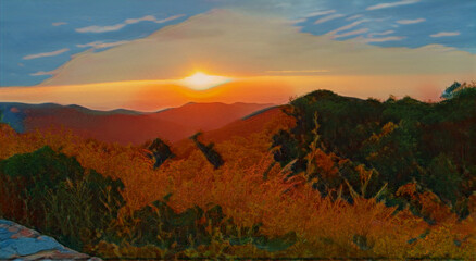 Sunrise over meadows, mountains of Shenandoah National Park.  With plants, flowers, and stone wall. 