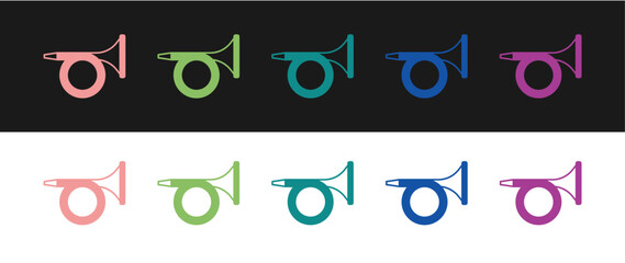 Set Trumpet icon isolated on black and white background. Musical instrument. Vector