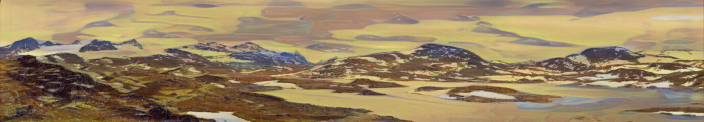 Panoramic View of Hardangervidda Norway, the roof of Norway, glaciers, and snow-covered.  Edited to create an illustration from a photo. 