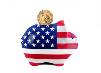Piggy Bank With US Flag and Coin Deposit Concept of Inflation and Savings During Economic Uncertainty.