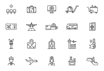 Airport travel flight line icon. Airport stroke seat business line icon, Plane departure passenger luggage outline.