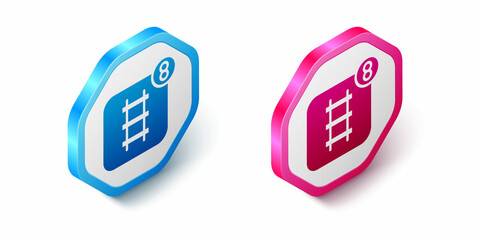 Isometric Online ticket booking and buying app interface icon isolated on white background. E-tickets ordering. Electronic train ticket on screen. Hexagon button. Vector