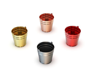 A set of colored metal water buckets. Isometric.