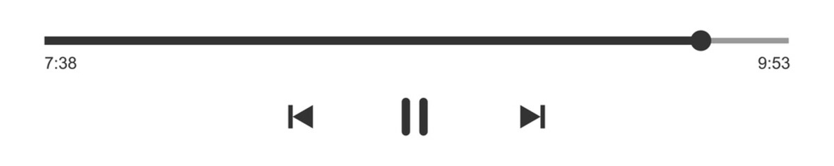 Audio or video player progress loading bar with time slider, pause, rewind and fast forward buttons. Simple template of mediaplayer playback panel interface. Vector graphic illustration