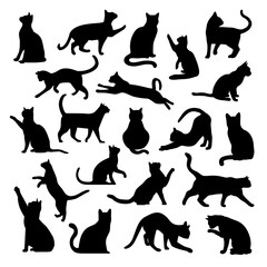 Little funny kittens as stickers for web design. Black cats sticker pack for design websites, applications or social network communication. 