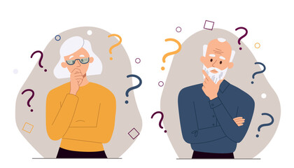 Pensioners in quandary. Grandparents looking for answers to questions. Elderly couple with dementia, alzheimers, amnesia and other memory and brain problems. Cartoon flat vector illustration