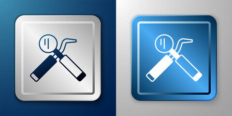 White Dental inspection mirror and probe icon isolated on blue and grey background. Explorer scaler. Tool dental checkup. Silver and blue square button. Vector