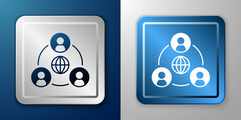 White Meeting icon isolated on blue and grey background. Business team meeting, discussion concept, analysis, content strategy. Presentation conference. Silver and blue square button. Vector
