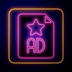 Glowing neon Advertising icon isolated on black background. Concept of marketing and promotion process. Responsive ads. Social media advertising. Vector