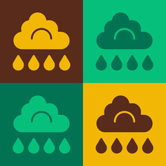 Pop art Cloud with rain icon isolated on color background. Rain cloud precipitation with rain drops. Vector