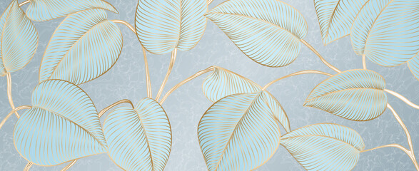 Abstract background with tropical leaves leaves in golden line art style. Botanical banner with exotic plants for wallpaper, decor, print, interior design.