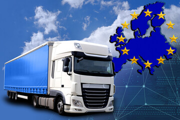 flag of european union, cargo van, blue sky, international trucking, cargo transportation concept,...
