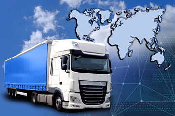 map of the world, cargo van, blue sky with clouds, international trucking, cargo transportation...