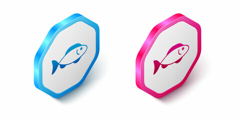 Isometric Fish icon isolated on white background. Hexagon button. Vector