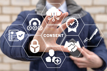 Concept of GDPR user consent informed. Consent of electronic data privacy and secrecy regulations. Information security. - obrazy, fototapety, plakaty