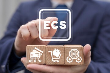 Concept of ECS Electronic Clearing Service. Clearing electronic technology of cashless payments between countries, companies, enterprises and banks for delivered, sold goods, securities and services.