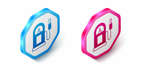 Isometric Petrol or gas station icon isolated on white background. Car fuel symbol. Gasoline pump. Hexagon button. Vector