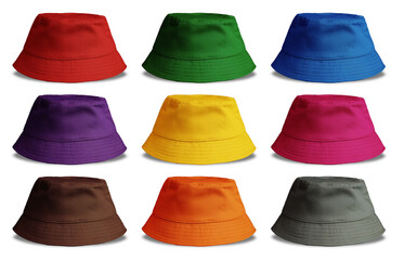 Colorful bucket hats isolated on white background