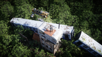 Fantasy fairy cyberpunk city. Girl in flying car. Postapocalypde concept. 3d rendering.