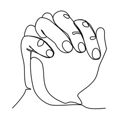 Hands in Prayer Christianity Religion Request Crossed hands Continuous line drawing on white isolated vector fashion illustration