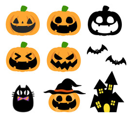 ハロウィンで使えるかぼちゃ、こうもり、家、ねこなどの白フチのあるイラストセット。