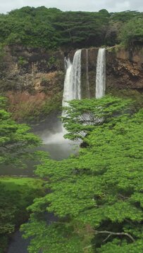 AERIAL: Flying towards a spectacular waterfall in the middle of an untouched rainforest in the heart of Kauai island. Cinematic drone point of view of a breathtaking waterfall in lush green Hawaii.