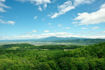 Fototapeta na wymiar Hokkaido,Japan - July 8, 2022: Mt. Tokachi, Mt. Furano, Mt.Biei in Daisetsuzan National Park in Hokkaido, Japan 