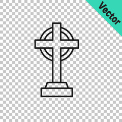 Black line Tombstone with cross icon isolated on transparent background. Grave icon. Happy Halloween party. Vector